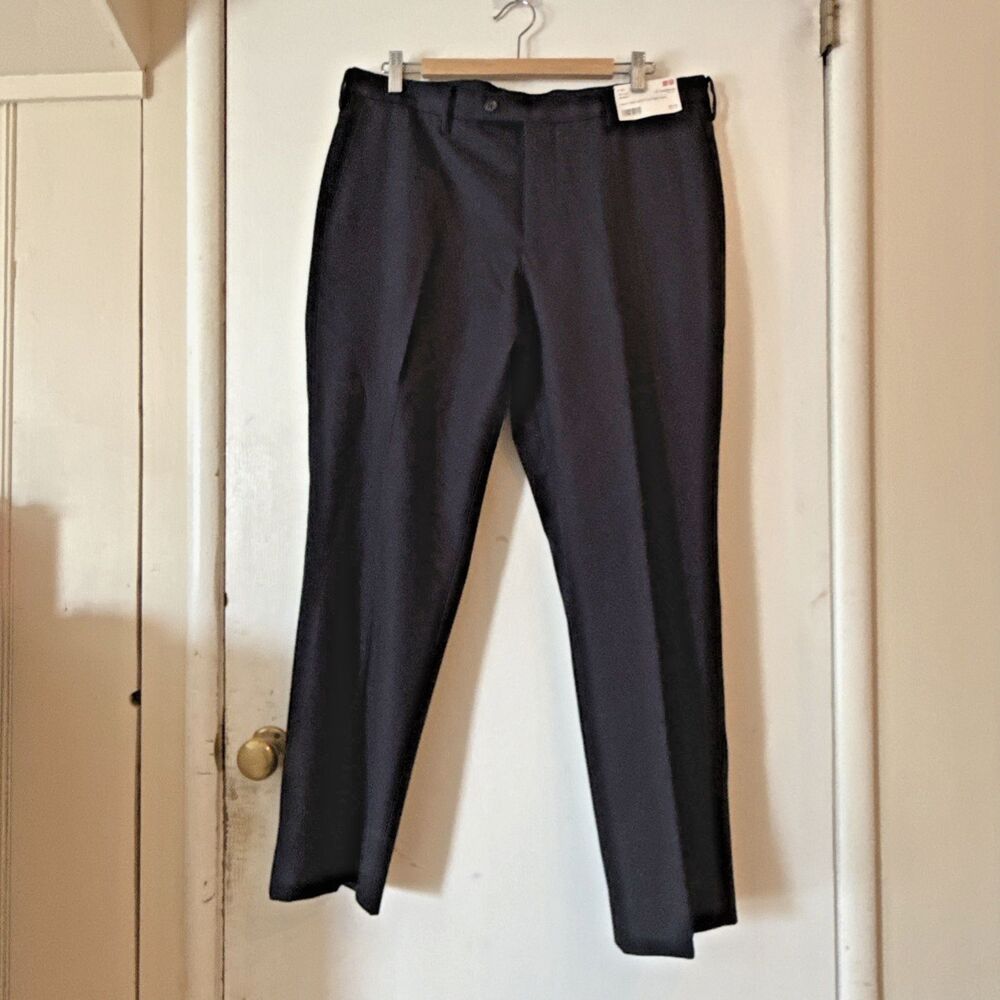 NWT Uniqlo Stretch Blue Wool Slim Fit Flat Front Dress Pants Stretch 36Wx34L